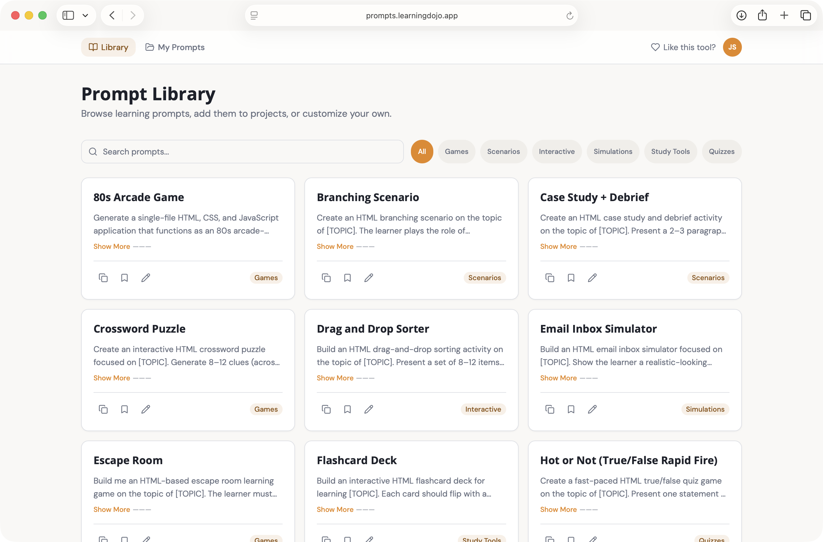 Prompts app interface